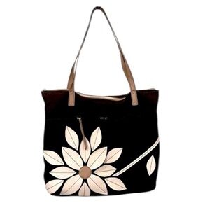 Relic Oh Happy Day Faux Leather Flower Applique Brown Canvas Tote Bag Purse